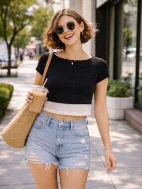 Ruco Boutique Two-Tone Crop Top - Y2K Soft Goth Baby Tee